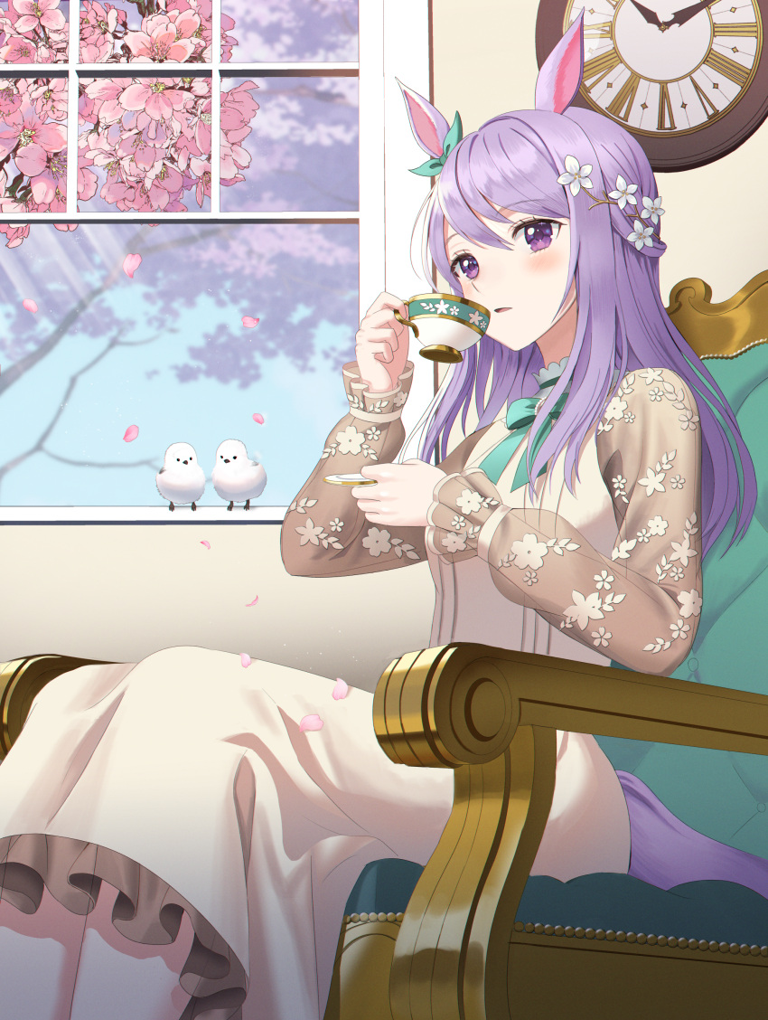 1girl absurdres animal animal_ears armchair bangs bird blush chair clock commentary_request cup dress eyebrows_visible_through_hair flower frilled_dress frills hair_between_eyes hair_flower hair_ornament hc_(razel1) highres holding holding_cup holding_saucer horse_ears horse_girl horse_tail indoors long_hair long_sleeves mejiro_mcqueen_(umamusume) on_chair open_window parted_lips petals pink_flower puffy_long_sleeves puffy_sleeves purple_hair roman_numeral saucer see-through see-through_sleeves sitting solo tail teacup umamusume very_long_hair violet_eyes wall_clock white_dress white_flower window