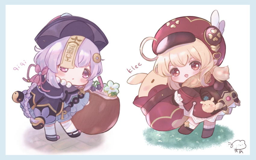 2girls absurdres ahoge backpack bag bag_charm bangs bead_necklace beads boots braid braided_ponytail brown_eyes brown_footwear brown_gloves brown_scarf cabbie_hat cape charm_(object) chibi chinese_clothes clover_print coat coconut coin_hair_ornament commentary_request dodoco_(genshin_impact) doll_hug drinking_straw earrings eyebrows_visible_through_hair from_behind full_body genshin_impact gloves hair_between_eyes hair_ribbon hat hat_feather hat_ornament head_tilt highres jewelry jiangshi jumpy_dumpty klee_(genshin_impact) knee_boots kneehighs light_brown_hair long_hair long_sleeves looking_at_another looking_at_viewer low_ponytail low_twintails multiple_girls necklace object_hug ofuda orb pocket pointy_ears purple_hair qing_guanmao qiqi_(genshin_impact) randoseru red_coat red_headwear ribbon scarf sidelocks simple_background single_braid standing standing_on_one_leg thigh-highs twintails umame violet_eyes vision_(genshin_impact) wide_sleeves yin_yang yin_yang_orb zettai_ryouiki