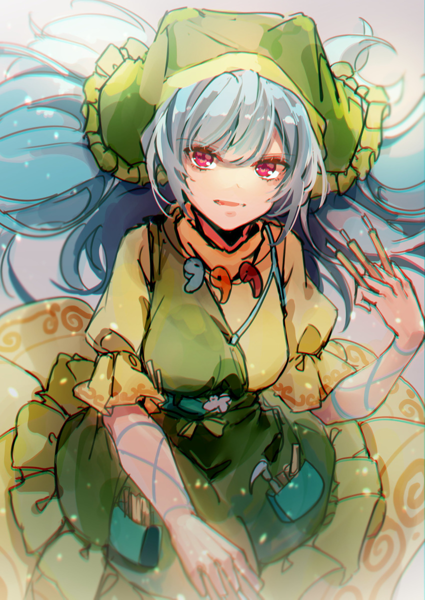 1girl absurdres apron arm_ribbon bangs between_fingers blue_hair blue_ribbon bow breasts brush dress eyebrows_visible_through_hair flower green_apron green_bow green_headwear green_scarf hair_between_eyes hand_up haniyasushin_keiki head_scarf highres jewelry leaf long_hair looking_at_viewer magatama magatama_necklace medium_breasts necklace one-hour_drawing_challenge open_mouth pink_eyes pocket puffy_short_sleeves puffy_sleeves ribbon scarf shometsu-kei_no_teruru short_sleeves smile solo touhou white_flower yellow_dress yellow_sleeves