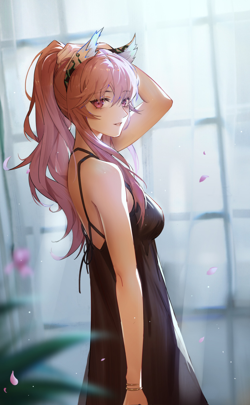 1girl absurdres animal_ear_fluff animal_ears arm_up bare_shoulders bilibilida black_dress blush bracelet breasts cowboy_shot curtains dress from_side girls'_frontline_neural_cloud girls_frontline hand_in_hair highres indoors jewelry long_hair looking_at_viewer looking_to_the_side medium_breasts parted_lips persica_(girls'_frontline) petals pink_eyes pink_hair ponytail sleeveless sleeveless_dress smile solo window