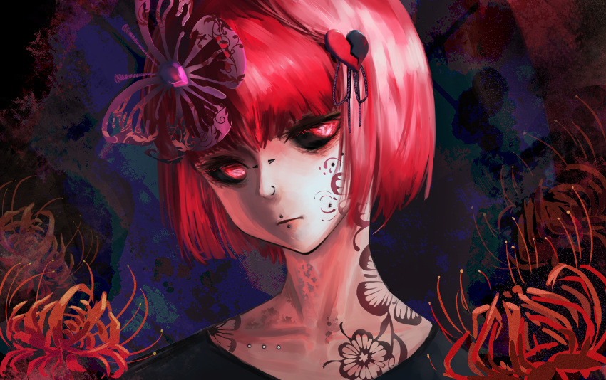 1girl absurdres bangs black_sclera black_shirt broken_heart butterfly_hair_ornament cheek_piercing collarbone colored_sclera face facial_tattoo flower ghoul gradient gradient_background hair_intakes hair_ornament highres mouth_piercing nose_piercing nose_ring original piercing pink_hair portrait redhead shiny shiny_hair shirt short_hair solo spider_lily tattoo tflop_(tea_flop) tokyo_ghoul