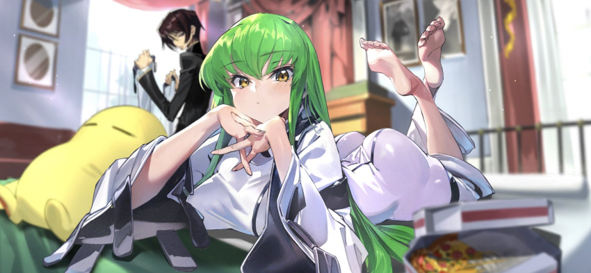 1boy 1girl ass bangs bedroom black_hair breast_rest breasts c.c. code_geass feet feet_together feet_up green_hair head_rest highres lelouch_lamperouge looking_at_viewer lying on_stomach skin_tight skindentation wakabayashi_toshiya yellow_eyes