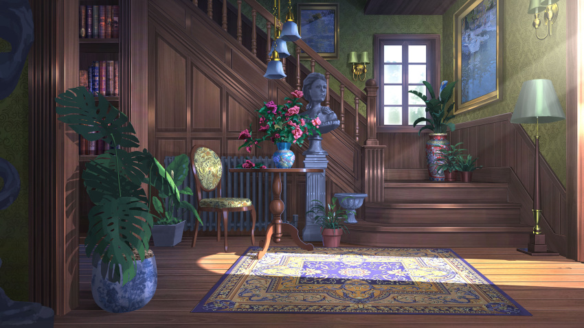 absurdres book bookshelf chair day flower highres indoors no_humans original painting_(object) plant potted_plant rose rug scenery stairs sunlight window wooden_floor xingzhi_lv