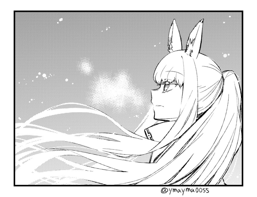 1girl animal_ears arknights border breath commentary eyebrows_visible_through_hair floating_hair from_side greyscale halftone horse_ears jacket long_hair looking_up monochrome platinum_(arknights) ponytail portrait profile sidelocks solo twitter_username very_long_hair yom