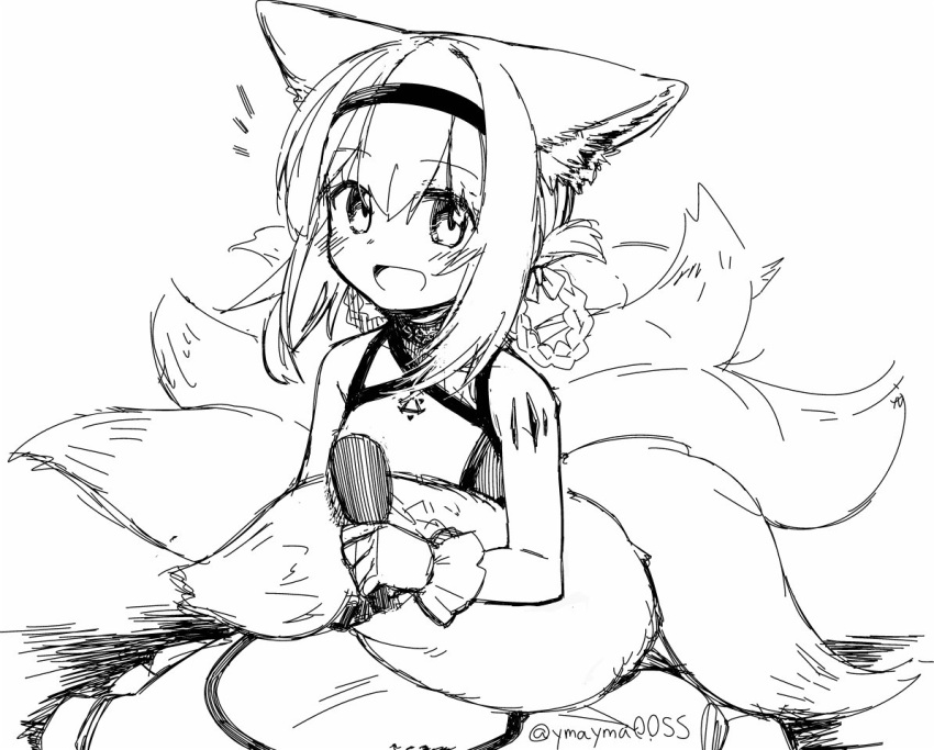 1girl :d animal_ears blush braid commentary_request dress eyebrows_visible_through_hair fox_ears fox_girl fox_tail greyscale hairband holding holding_brush kitsune kyuubi monochrome multiple_tails notice_lines open_mouth short_hair sidelocks sitting sketch sleeveless sleeveless_dress smile solo suzuran_(arknights) tail tail_brushing twitter_username yom