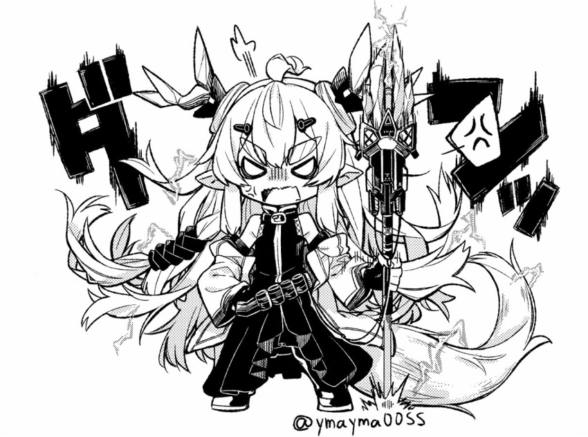 1girl ahoge anger_vein angry arknights chibi commentary_request dress electricity eyebrows_visible_through_hair full_body greyscale hair_ornament hairclip holding holding_staff horns leizi_(arknights) long_hair looking_at_viewer monochrome pointy_ears qilin_(mythology) simple_background solo spoken_anger_vein staff standing straight-on tail thick_eyebrows translation_request twitter_username v-shaped_eyebrows v-shaped_eyes white_background yom