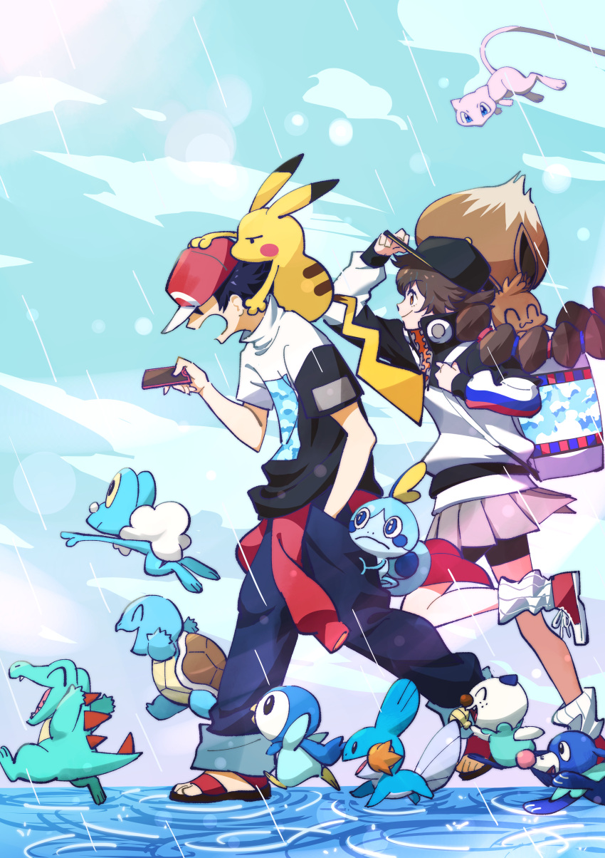 1boy 1girl absurdres bangs baseball_cap bike_shorts bike_shorts_under_skirt black_hair brown_hair closed_mouth clouds commentary_request day eevee froakie from_side gotcha! gotcha!_boy_(pokemon) gotcha!_girl_(pokemon) grey_skirt hand_on_headwear hat highres holding jacket leg_up long_hair mew mudkip multi-tied_hair nemoto_yuuma on_head open_mouth oshawott outdoors pants pikachu piplup pleated_skirt pokemon pokemon_(creature) pokemon_on_head rain red_footwear red_headwear ripples sandals shirt short_hair short_sleeves skirt sky smile sobble squirtle standing standing_on_one_leg totodile water zipper