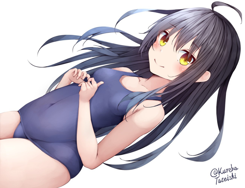 1girl ahoge alternate_costume black_hair blue_swimsuit breasts collarbone covered_navel dutch_angle eyebrows_visible_through_hair hair_between_eyes kantai_collection long_hair looking_at_viewer mikazuki_(kancolle) old_school_swimsuit one-piece_swimsuit school_swimsuit simple_background small_breasts solo swimsuit swimsuit_under_clothes tateishi_kureha twitter_username white_background yellow_eyes