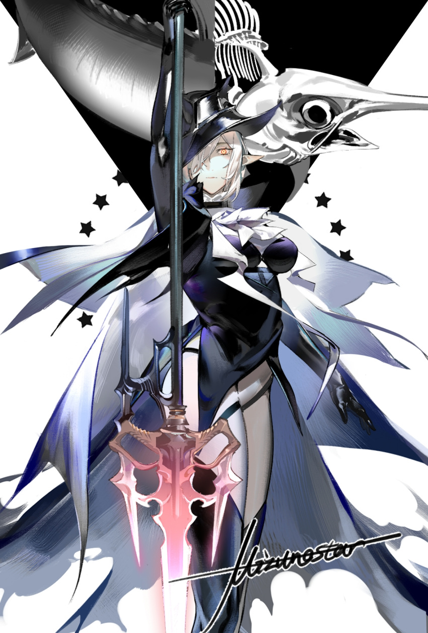 1girl arknights ascot bare_shoulders black_cape black_dress black_gloves black_headwear black_legwear breasts cape dress feet_out_of_frame gladiia_(arknights) gloves hair_over_one_eye hat highres holding holding_polearm holding_weapon looking_at_viewer medium_breasts mizuno_star pants pointy_ears polearm red_eyes silver_hair simple_background swordfish thigh-highs thigh_gap tight tight_pants tricorne weapon white_background white_neckwear white_pants