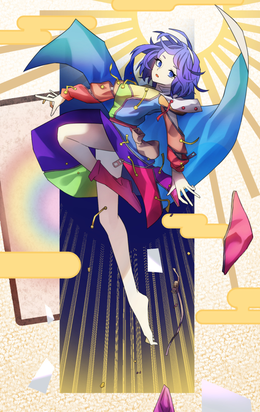 1girl ahoge bangs bare_legs boots breasts cape card dauchimk_1113 dress egasumi eyebrows_visible_through_hair folded_leg from_above hair_between_eyes hairband highres long_sleeves looking_at_viewer medium_breasts multicolored multicolored_clothes multicolored_hairband multicolored_legwear open_mouth patchwork_clothes pink_footwear pouch purple_background purple_hair rainbow_gradient rainbow_print red_button shoes short_hair single_shoe sparkle tenkyuu_chimata touhou violet_eyes white_cape zipper zipper_pull_tab