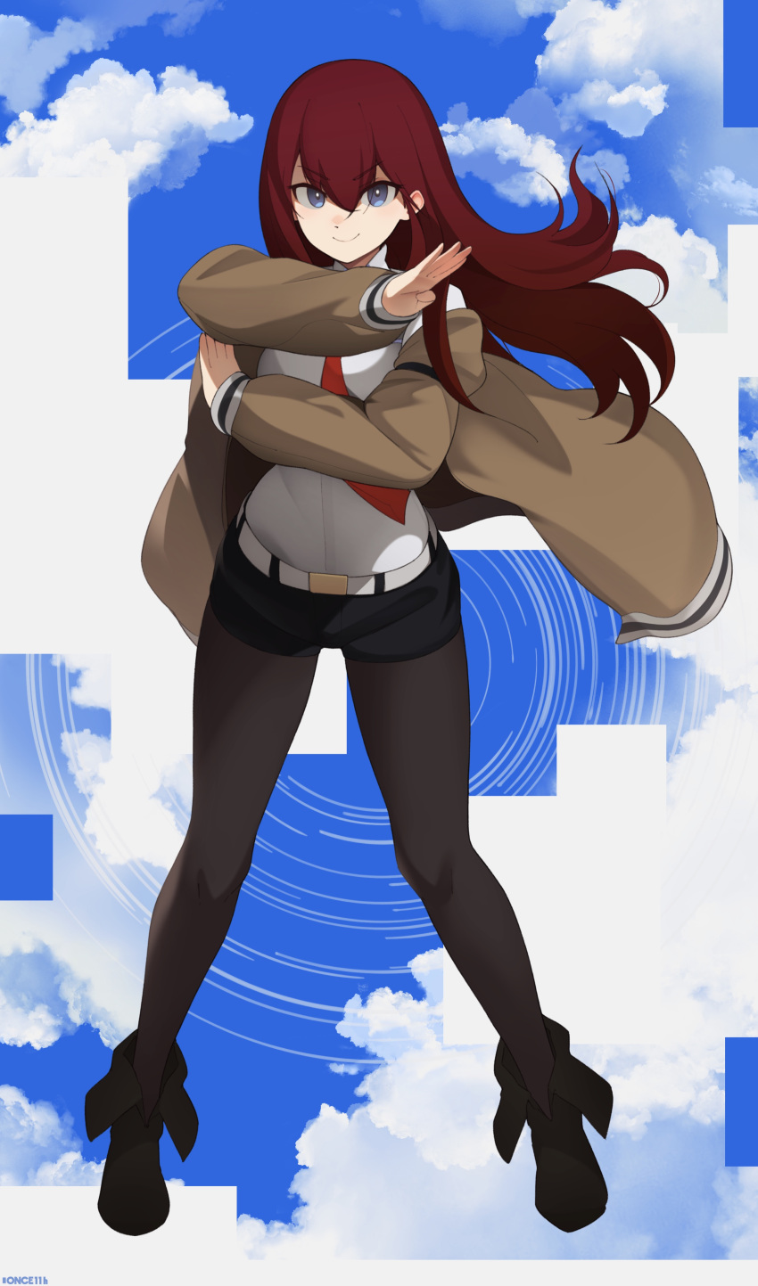 1girl absurdres bangs belt black_footwear black_legwear black_shorts blue_eyes boots closed_mouth clouds cloudy_sky commentary commission dress_shirt eyebrows_visible_through_hair full_body highres jacket labcoat legwear_under_shorts long_hair long_sleeves looking_at_viewer makise_kurisu necktie once_11h open_clothes open_jacket pantyhose red_neckwear redhead shirt shorts signature sky smile solo standing steins;gate white_shirt