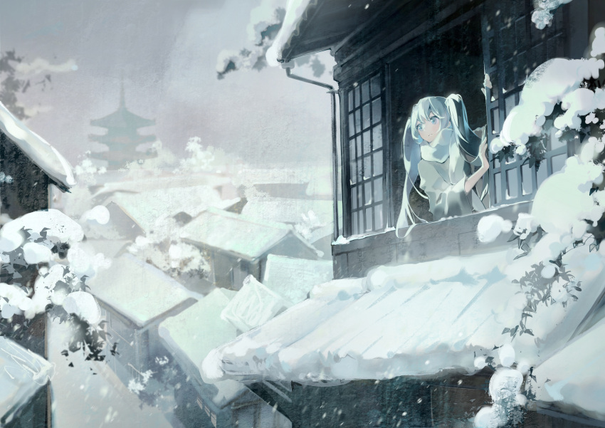 1girl absurdres architecture arm_up bangs blue_eyes blue_hair blurry building closed_mouth east_asian_architecture grey_shirt hand_up hatsune_miku highres leaf long_hair long_sleeves looking_away mikka620 opening_window pagoda pipes scarf scenery shirt shouji sliding_doors snow snowing solo town tree twintails upper_body vocaloid white_scarf wide_shot wide_sleeves window yasaka_pagoda
