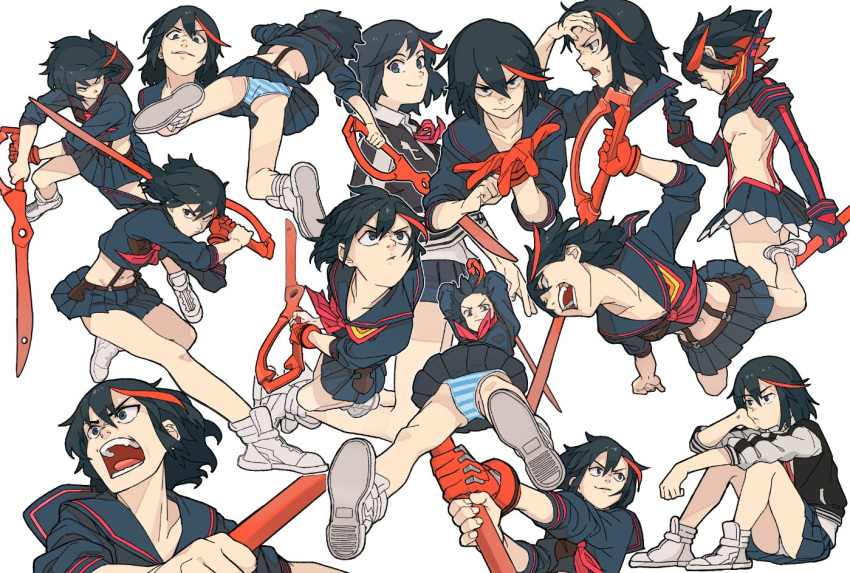 &gt;:( &gt;:) 1girl arms_up bangs black_hair blue_eyes blue_panties blue_shirt blue_skirt breasts collarbone collared_shirt from_above from_below from_side gloves grin hand_on_own_chin hand_on_own_forehead holding holding_weapon jacket jumping kill_la_kill legs_apart looking_at_viewer looking_down looking_to_the_side looking_up matoi_ryuuko midair miniskirt multicolored_hair multiple_views navel neck_ribbon neckerchief open_mouth panties pleated_skirt putting_on_gloves red_gloves red_neckwear ribbon sailor_collar school_uniform scissor_blade senketsu serafuku shima_(landsuzume) shirt shoes short_hair sideboob single_glove sitting skirt smile standing streaked_hair striped striped_panties sukajan suspender_skirt suspenders swinging underwear v-shaped_eyebrows weapon white_background white_footwear
