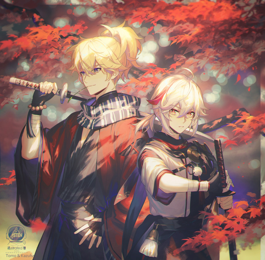 2boys ahoge artist_name autumn_leaves bandaged_hand bandages bangs bead_bracelet beads black_gloves blonde_hair blue_eyes blue_scarf bracelet character_name closed_mouth eyebrows_visible_through_hair fingerless_gloves genshin_impact gloves hair_between_eyes highres holding holding_sword holding_weapon japanese_clothes jewelry kaedehara_kazuha katana kazuha's_friend_(genshin_impact) l!sten leaf male_focus mouth_hold multicolored_hair multiple_boys over_shoulder parted_lips red_eyes redhead scarf sheath streaked_hair sword tassel unsheathing upper_body weapon weapon_over_shoulder white_hair