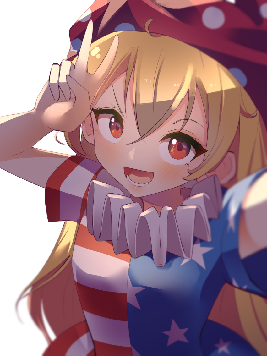 1girl absurdres american_flag american_flag_dress blonde_hair clownpiece dress eyelashes fairy farrel_kb frilled_shirt_collar frills hat highres jester_cap long_hair looking_at_viewer neck_ruff open_mouth polka_dot purple_headwear red_eyes simple_background striped striped_dress touhou upper_body v very_long_hair white_background