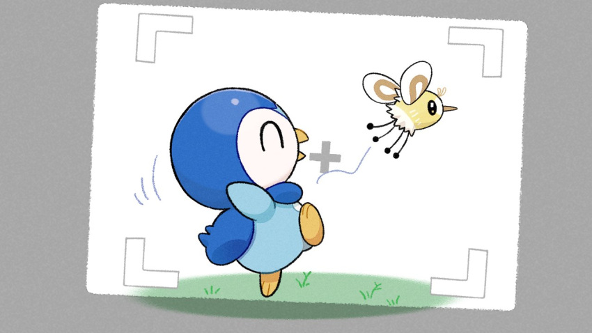 closed_eyes commentary_request cutiefly grass leg_up motion_lines no_humans official_art open_mouth piplup pokemon pokemon_(creature) project_pochama standing standing_on_one_leg viewfinder