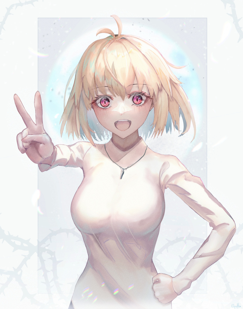 1girl :d absurdres antenna_hair arcueid_brunestud artist_name bangs blonde_hair blush border breasts camellia_(s_kamellia) hand_on_hip hand_up highres jewelry looking_at_viewer medium_breasts necklace open_mouth outside_border plant red_eyes short_hair signature slit_pupils smile solo sweater taut_clothes taut_sweater thorns tsukihime tsukihime_(remake) turtleneck turtleneck_sweater v vines white_sweater
