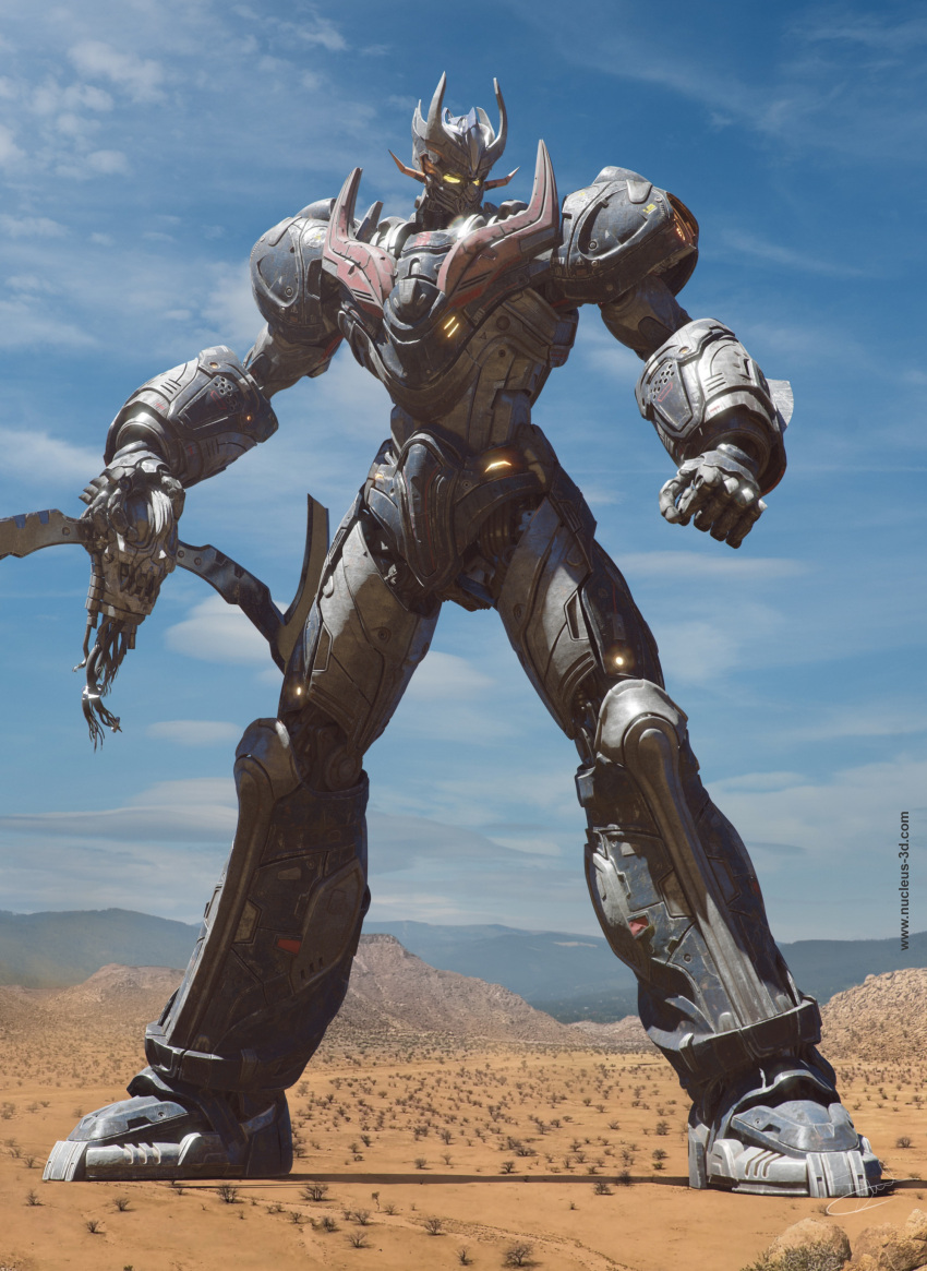 3d absurdres cable clouds commentary corpse damaged desert dirty dust english_commentary garada_k7_(robot) glowing glowing_eyes highres lights machinery mazinger_(series) mazinger_z mazinger_z:_infinity mazinger_z_(mecha) mecha mountainous_horizon nduul pacific_rim parody photo_background realistic redesign robot science_fiction severed_head signature style_parody super_robot victory web_address yellow_eyes