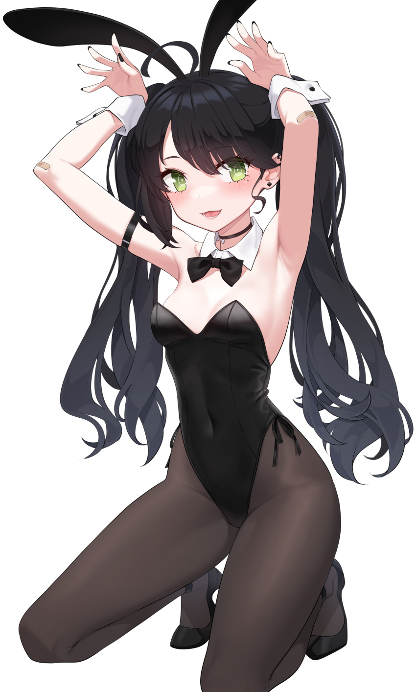 1girl absurdres ahoge animal_ears arm_strap armpits arms_up bare_arms bare_shoulders black_choker black_footwear black_hair black_leotard bow bowtie breasts brown_legwear choker copyright_request covered_navel detached_collar fang green_eyes high_heels highleg highleg_leotard highres kneeling leotard long_hair looking_at_viewer mole mole_under_eye nail_polish narynn open_mouth pantyhose playboy_bunny rabbit_ears simple_background small_breasts smile solo strapless strapless_leotard symbol-shaped_pupils twintails white_background wrist_cuffs