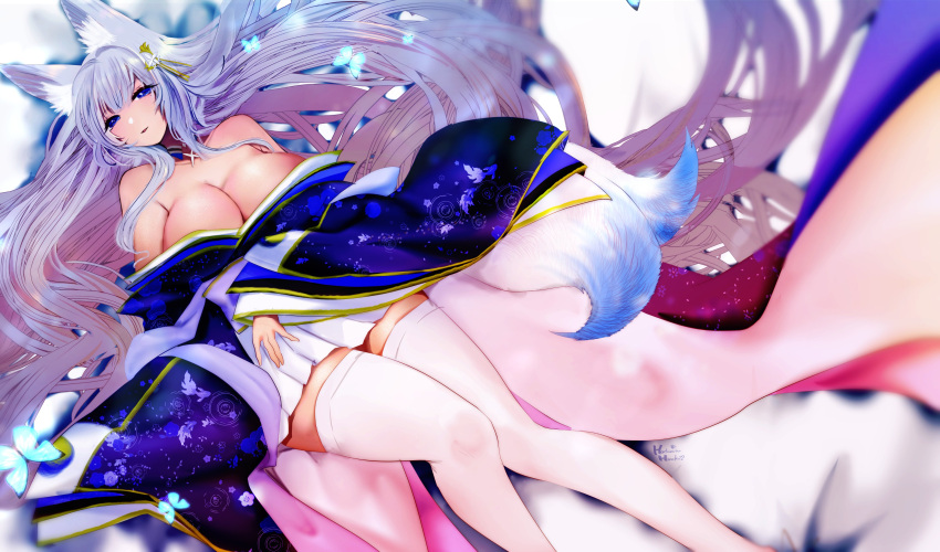 1girl absurdly_long_hair absurdres animal_ear_fluff animal_ears artist_name azur_lane bare_shoulders blue_butterfly blue_collar blue_kimono breasts bug butterfly collar fox_ears fox_girl hachimitsu_hinako halter_dress halterneck highres huge_breasts japanese_clothes kimono kitsune kyuubi large_tail long_hair looking_at_viewer lying multiple_tails off-shoulder_kimono on_back shinano_(azur_lane) skirt_under_kimono solo tail thigh-highs very_long_hair white_legwear white_tail wide_sleeves zettai_ryouiki