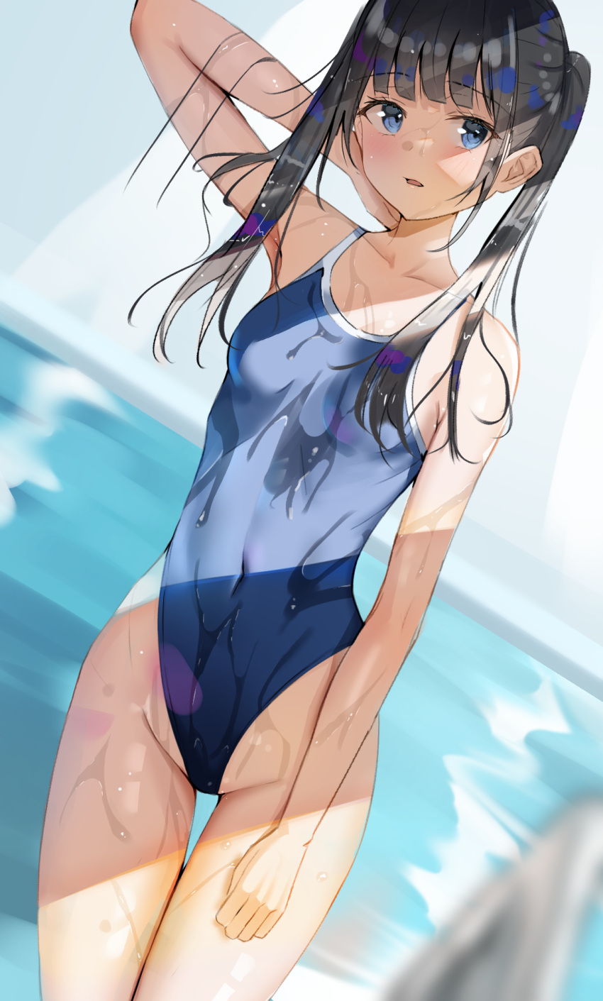 1girl arm_at_side arm_up bangs black_hair blue_eyes blue_swimsuit blunt_bangs breasts collarbone commentary_request competition_swimsuit covered_navel dutch_angle eyebrows_visible_through_hair groin highleg highres long_hair one-piece_swimsuit open_mouth original pool pool_ladder sakura_yuu_(hzjy8485) school_swimsuit school_uniform small_breasts solo spread_legs swimsuit thigh_gap thighs twintails wet
