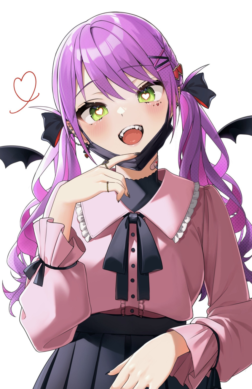 1girl :d bandaid bandaid_on_neck bangs bat_wings black_nails black_ribbon black_skirt commentary_request detached_wings eyebrows_visible_through_hair facial_mark frilled_shirt_collar frills green_eyes hair_ornament hair_ribbon heart heart-shaped_pupils high-waist_skirt highres hololive jewelry long_hair long_sleeves looking_at_viewer mask mask_pull mouth_mask multiple_rings nail_polish open_mouth pink_shirt pleated_skirt pulled_by_self purple_hair ribbon ring shirt simple_background skirt smile solo symbol-shaped_pupils tate_yukimi tokoyami_towa twintails upper_body vampire_(vocaloid) virtual_youtuber wings x_hair_ornament