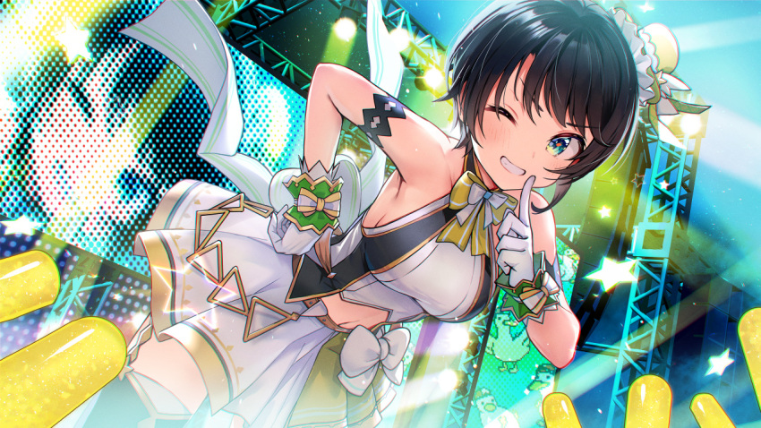 1girl black_hair blue_eyes blush bow breasts finger_to_mouth gloves glowstick grin hand_on_hip hat hololive hololive_idol_uniform idol index_finger_raised kagawa_ichigo large_breasts leaning_forward looking_at_viewer mini_hat mini_top_hat navel one_eye_closed oozora_subaru short_hair skirt smile solo stage stage_lights standing subaru_duck top_hat virtual_youtuber white_bow white_gloves white_skirt