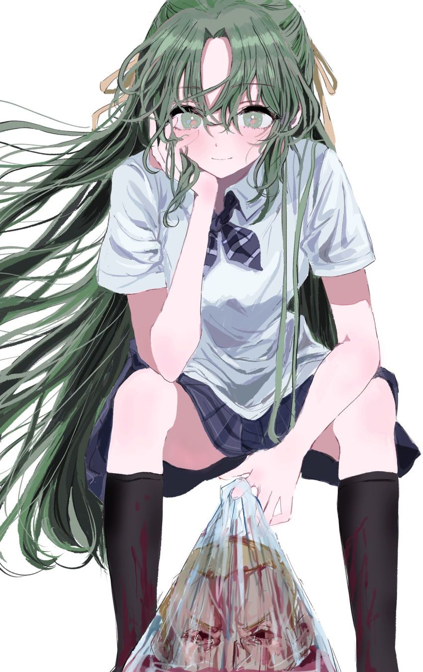 1girl bag bangs black_legwear blood blood_on_clothes blush corpse floating_hair fuyu_(wldnrowldnro) green_eyes green_hair guro hair_ribbon hand_on_own_cheek hand_on_own_face head head_rest highres higurashi_no_naku_koro_ni holding holding_bag houjou_teppei invisible_chair kneehighs long_hair looking_at_another looking_at_viewer parted_bangs plastic_bag ribbon school_uniform severed_head short_sleeves simple_background sitting smile sonozaki_shion very_long_hair white_background