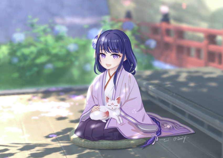 1girl 3d_background :d absurdres alternate_costume architecture bangs beiyi blunt_bangs blurry bow braid braided_ponytail bridge bush commentary_request cushion depth_of_field east_asian_architecture eyebrows_visible_through_hair fox genshin_impact hair_bow hair_ornament hair_ribbon highres japanese_clothes kimono long_hair long_sleeves looking_at_viewer low-tied_long_hair low_ponytail mole mole_under_eye open_mouth petting purple_hair raiden_shogun ribbon seiza sidelocks single_braid sitting smile tree_shade violet_eyes wide_sleeves younger
