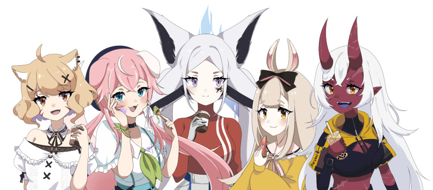 5girls :3 absurdres akumi_(yoclesh) animal_ear_fluff animal_ears bangs black_bow black_collar blush bow breasts cat_ears collar colored_skin cup dog_ears dog_girl dyarikku_(vtuber) english_commentary food fork fruit hair_behind_ear hair_bow head_tilt highres holding holding_cup holding_food holding_fork holding_fruit horns looking_to_the_side medium_breasts multiple_girls oni_horns open_mouth pointy_ears rae_laveire_(artist) red_skin shyrei_faolan smile v-shaped_eyebrows vguyen virtual_youtuber watermelon_slice yenko_(vtuber) yuniiho_(vtuber)