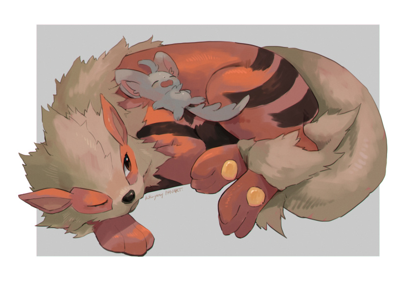 arcanine border brown_eyes closed_eyes closed_mouth commentary_request kikuyoshi_(tracco) lying minccino no_humans on_back one_eye_closed pokemon pokemon_(creature) signature toes white_border