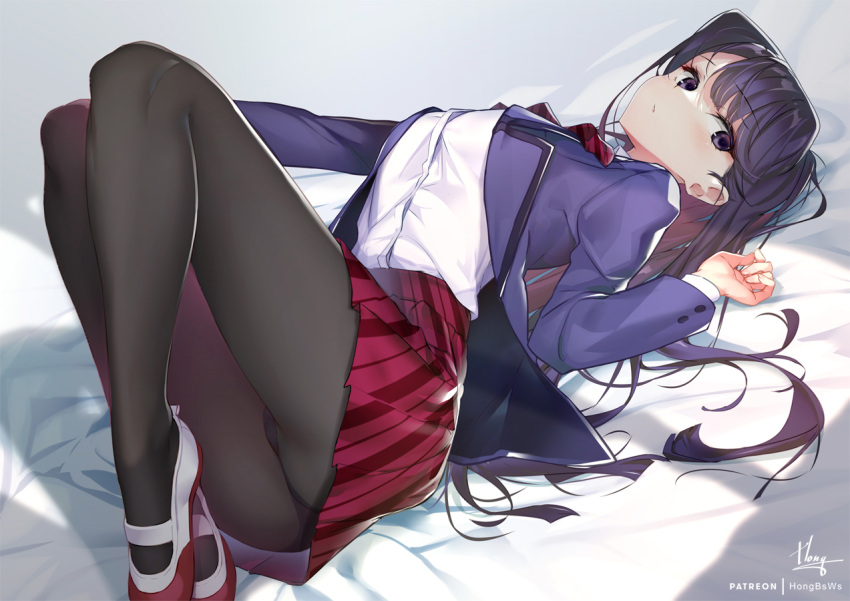 1girl black_legwear blazer commentary_request hong_(white_spider) jacket komi-san_wa_komyushou_desu komi_shouko legs long_hair long_sleeves looking_at_viewer lying on_back pantyhose patreon_username red_footwear red_skirt shirt shoes signature skirt solo violet_eyes white_shirt