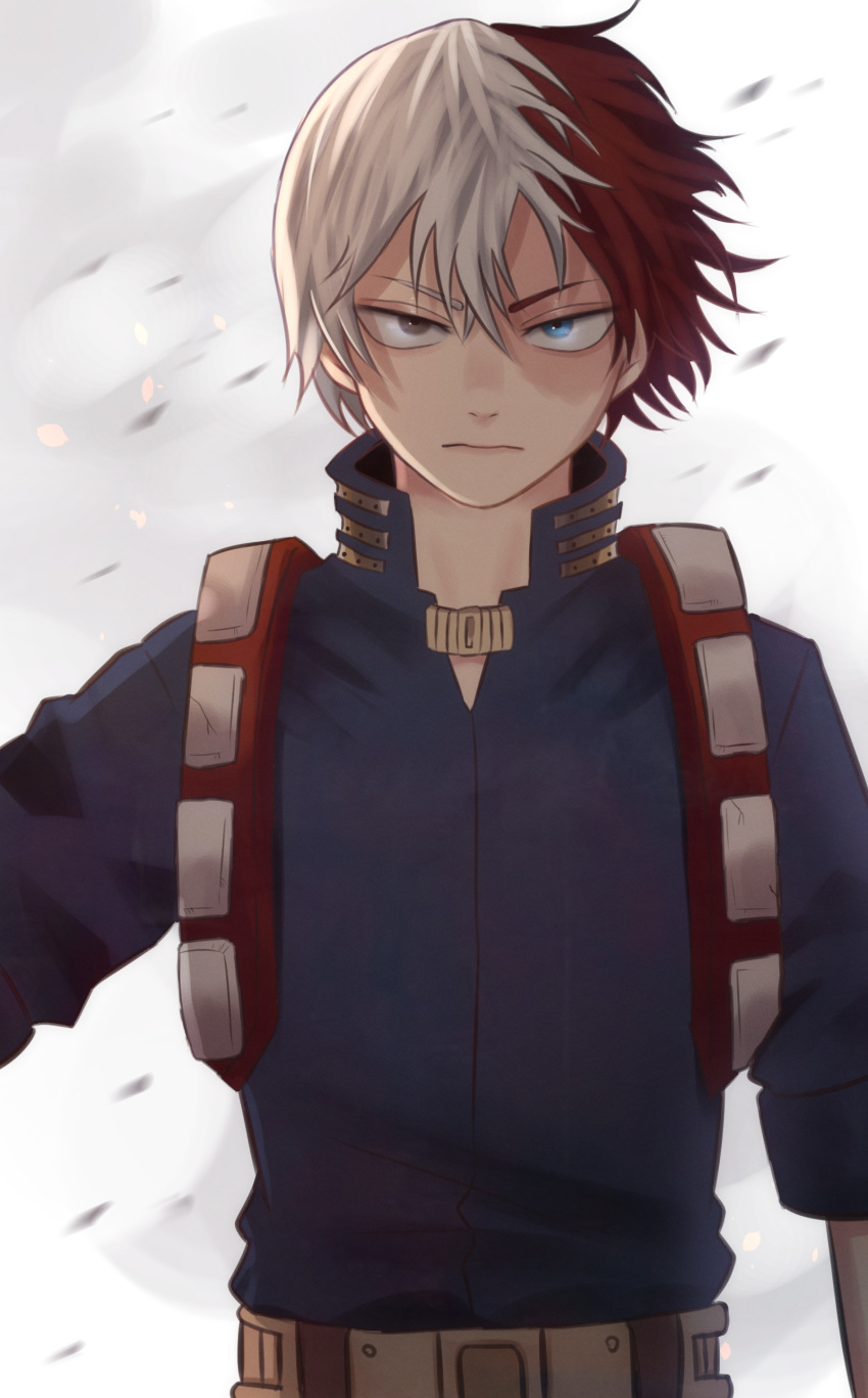 1boy absurdres bangs belt belt_buckle blue_eyes boku_no_hero_academia brown_belt buckle burn_scar closed_mouth commentary_request frown grey_background hair_between_eyes heterochromia high_collar highres hyakki_non jacket looking_at_viewer male_focus multicolored_hair redhead scar short_hair simple_background solo todoroki_shouto two-tone_hair upper_body white_hair
