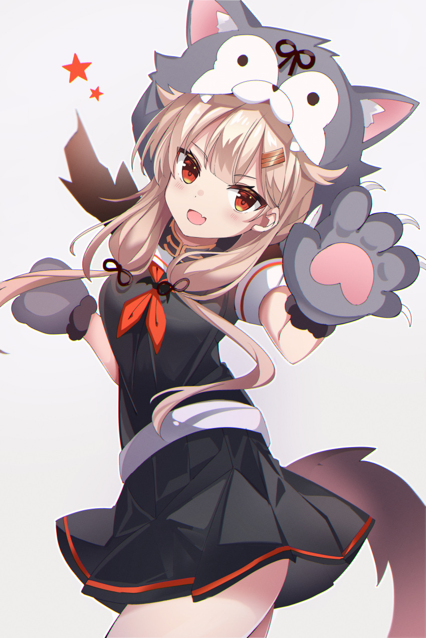 1girl :d absurdres animal_hood black_serafuku black_shirt black_skirt blonde_hair commentary fangs fathom hair_flaps halloween halloween_costume hands_up highres hood kantai_collection long_hair looking_at_viewer low_twintails neckerchief open_mouth orange_neckwear pleated_skirt red_eyes school_uniform serafuku shirt short_sleeves skin_fangs skirt smile solo tail thighs twintails wolf_hood wolf_paws wolf_tail yuudachi_(kancolle)