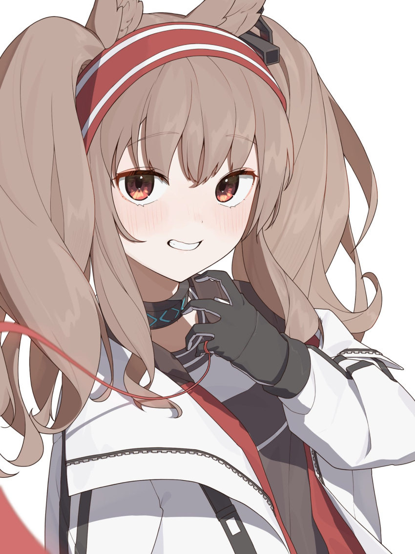 1girl :d angelina_(arknights) animal_ears arknights bangs black_gloves blush brown_hair collarbone eyebrows_visible_through_hair gloves grin highres infection_monitor_(arknights) jacket long_hair long_sleeves open_clothes open_jacket open_mouth red_eyes shoujo_l sidelocks simple_background smile solo string string_of_fate teeth twintails unzipped upper_body white_background white_jacket