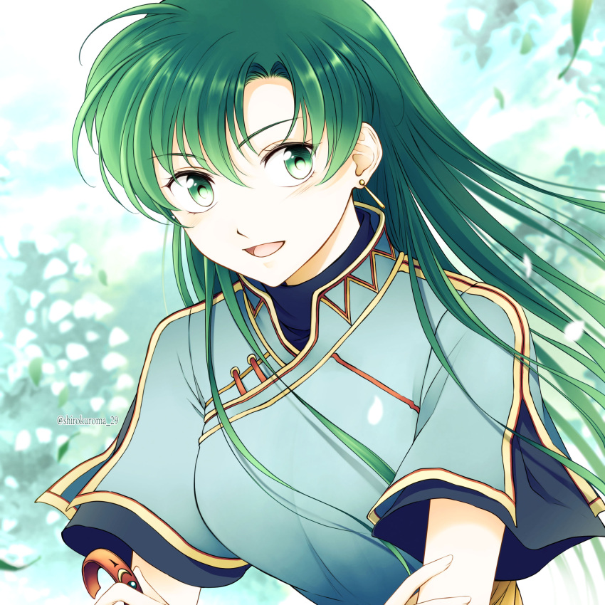 1girl absurdres blue_dress dress earrings fire_emblem fire_emblem:_the_blazing_blade green_eyes green_hair highres holding_hair_ornament jewelry leaves_in_wind long_hair looking_at_viewer lyn_(fire_emblem) shirokuroma_29 smile symbol-only_commentary