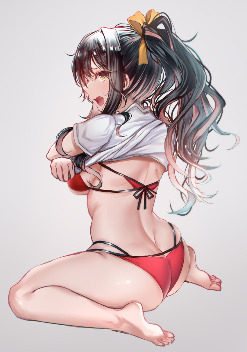 1girl absurdres ass bikini black_hair blush breasts embarrassed from_behind full_body grey_background hair_ornament highres interstellar kantai_collection kneeling large_breasts long_hair looking_at_viewer naganami_(kancolle) open_mouth ponytail red_bikini shirt short_sleeves sidelocks simple_background solo swimsuit thighs under_boob white_shirt yellow_eyes