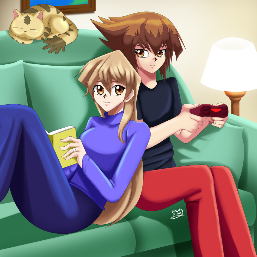 1boy 1girl blonde_hair blue_shirt blue_skirt brown_eyes brown_hair controller couple cute deviantart deviantart_username happy multicolored_hair pharaoh_(cat) playing_games playstation_controller reading red_shirt sincity2100 sitting smile sofa tenjouin_asuka yellow_eyes yuuki_juudai