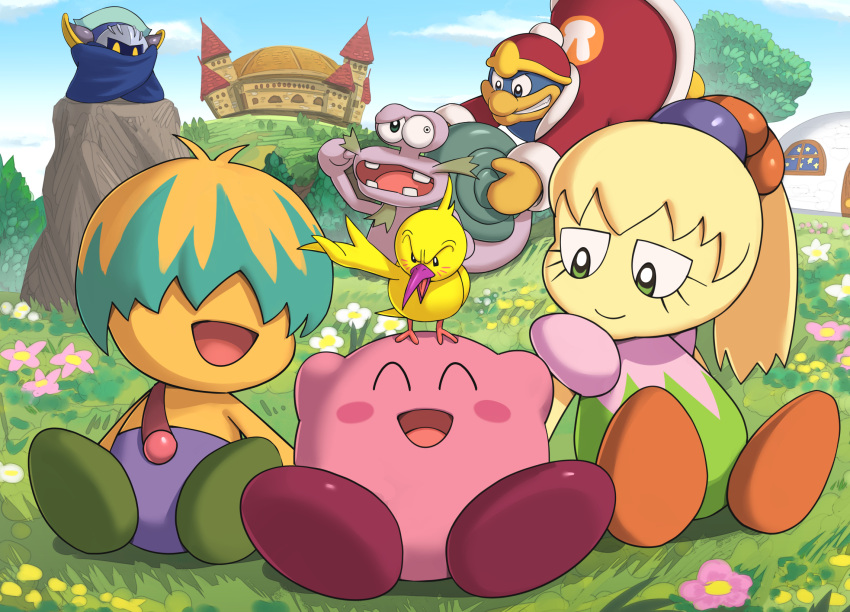 blue_sky boulder bun_(kirby) castle_dedede closed_eyes escargon flower fumu_(kirby) gonzarez grass highres hill king_dedede kirby kirby's_house kirby:_right_back_at_ya kirby_(series) looking_at_another meta_knight ponytail sky smile tokkori_(kirby) tree