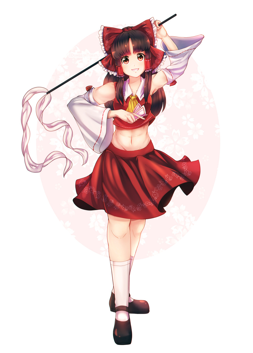 1girl absurdres ascot black_footwear bow brown_eyes brown_hair collar detached_sleeves dungeon_toaster full_body gohei hair_bow hair_tubes hakurei_reimu highres japanese_clothes long_hair looking_at_viewer mary_janes midriff miko navel nontraditional_miko off_shoulder red_bow red_shirt red_skirt red_vest ribbon-trimmed_sleeves ribbon_trim shirt shoes sidelocks simple_background skirt skirt_set sleeveless socks stomach touhou vest white_background white_collar white_legwear yellow_neckwear