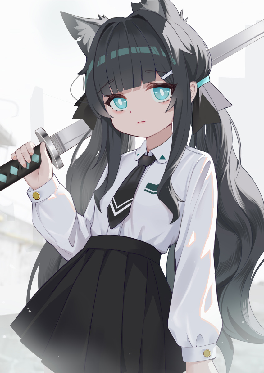 1girl absurdres animal_ear_fluff animal_ears bangs black_hair black_neckwear black_skirt blue_eyes cat_ears closed_mouth collared_shirt commentary commentary_request dress_shirt english_commentary eyebrows_visible_through_hair hair_ornament hairclip hand_up highres holding holding_sword holding_weapon katana long_hair long_sleeves looking_at_viewer low_twintails necktie original pleated_skirt qianqiu_wanxia shirt skirt solo sword twintails very_long_hair weapon white_shirt
