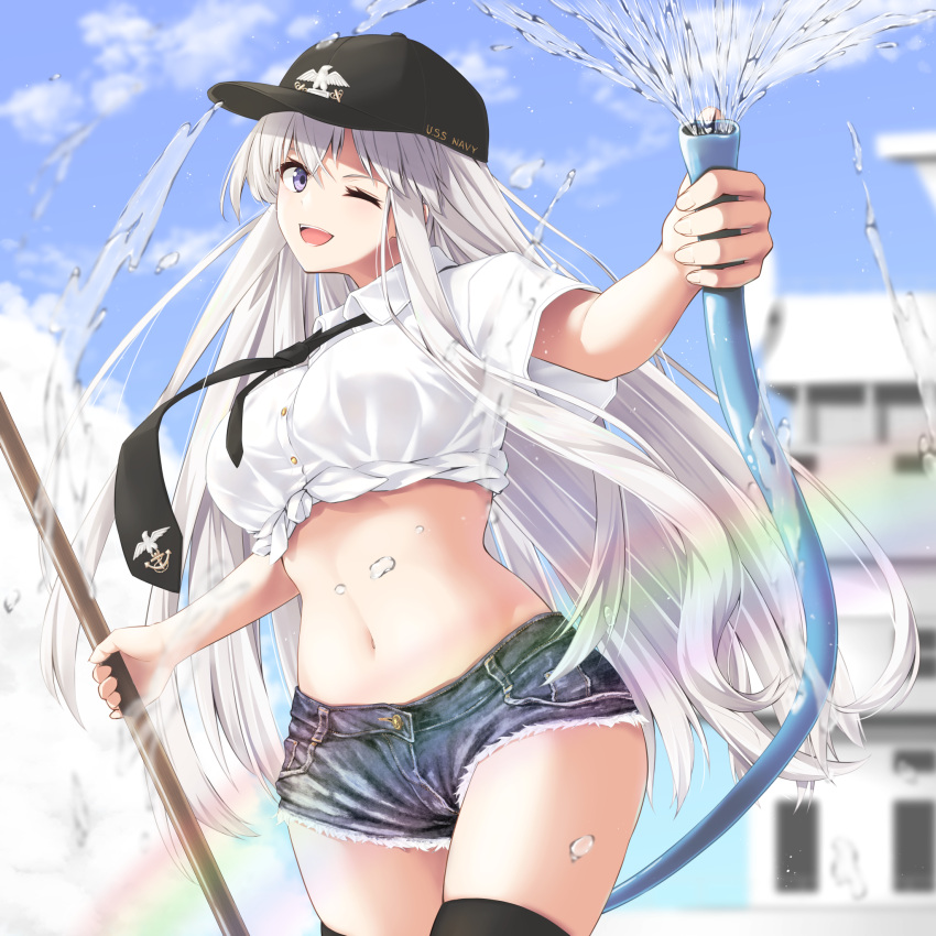 1girl ;d azur_lane baseball_cap black_headwear black_legwear blue_shorts breasts collared_shirt cowboy_shot crop_top cutoffs day denim denim_shorts enchuu_kakiemon enterprise_(azur_lane) front-tie_top hat highres holding hose large_breasts long_hair looking_at_viewer midriff navel necktie one_eye_closed open_mouth outdoors outstretched_arm shirt short_shorts short_sleeves shorts skindentation smile solo standing stomach thigh-highs thighs very_long_hair violet_eyes water white_hair white_shirt