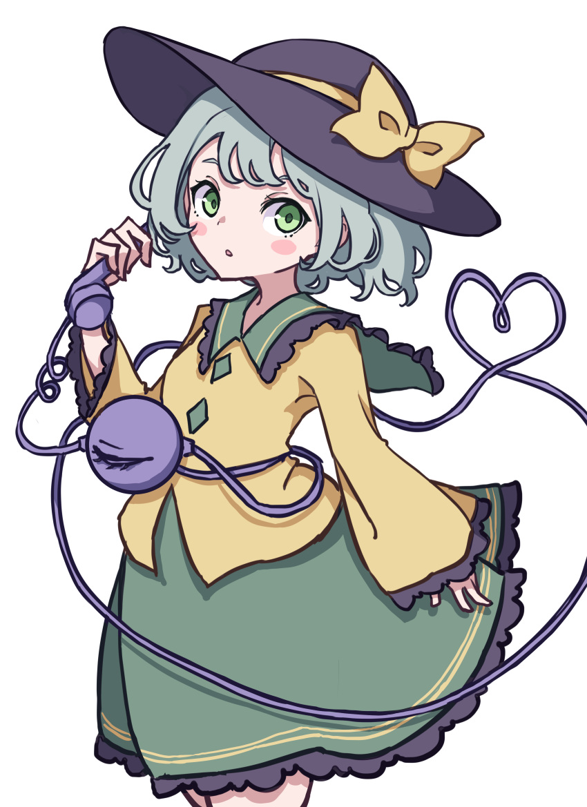 1girl absurdres bangs black_headwear blush_stickers bow breasts commentary_request eyeball frilled_shirt_collar frilled_skirt frilled_sleeves frills green_eyes green_hair green_skirt hat hat_ribbon heart heart_of_string highres holding holding_phone kame_(kamepan44231) komeiji_koishi long_sleeves looking_at_viewer one-hour_drawing_challenge open_mouth phone ribbon shirt short_hair simple_background skirt small_breasts solo string third_eye touhou upper_body white_background yellow_ribbon yellow_shirt