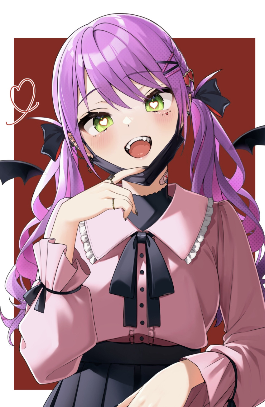 1girl :d bandaid bandaid_on_neck bangs bat_wings black_nails black_ribbon black_skirt commentary_request detached_wings eyebrows_visible_through_hair facial_mark frilled_shirt_collar frills green_eyes hair_ornament hair_ribbon heart heart-shaped_pupils high-waist_skirt highres hololive jewelry long_hair long_sleeves looking_at_viewer mask mask_pull mouth_mask multiple_rings nail_polish open_mouth pink_shirt pleated_skirt pulled_by_self purple_hair ribbon ring shirt simple_background skirt smile solo symbol-shaped_pupils tate_yukimi tokoyami_towa twintails upper_body vampire_(vocaloid) virtual_youtuber wings x_hair_ornament