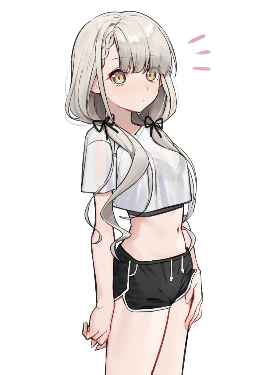 1girl absurdres bangs black_ribbon black_shorts blunt_bangs blush braid breasts brown_eyes commentary cowboy_shot crop_top crop_top_overhang dolphin_shorts english_commentary eyebrows_visible_through_hair eyes_visible_through_hair grey_hair hair_ribbon hand_on_own_thigh highres hisakawa_nagi idolmaster idolmaster_cinderella_girls long_hair looking_at_viewer low_twintails midriff navel notice_lines ribbon shirt short_shorts short_sleeves shorts simple_background solo standing syhan twintails white_background white_shirt