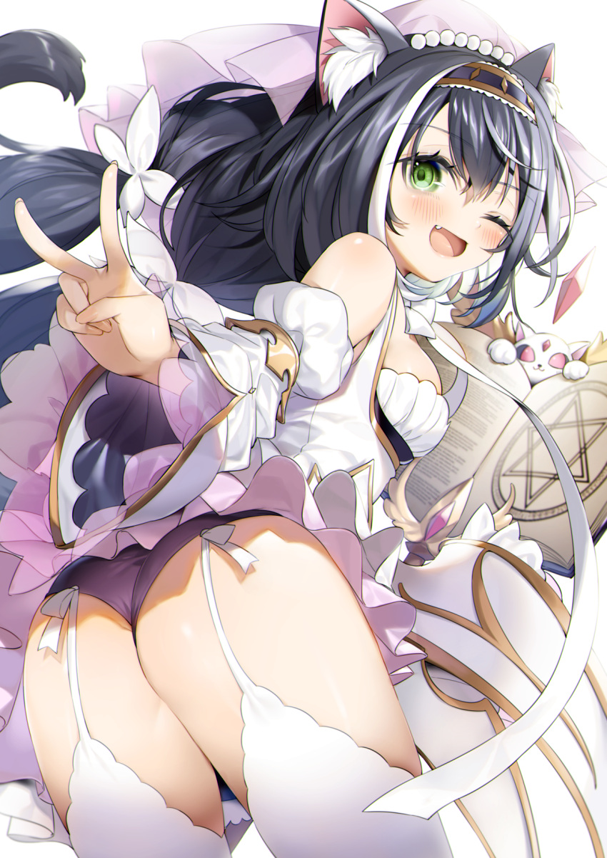 1girl :d animal_ear_fluff animal_ears ass bangs black_hair blush book cat_ears commentary_request detached_sleeves dress eyebrows_visible_through_hair fang garter_straps green_eyes hair_between_eyes hair_ornament hair_ribbon hairband highres karyl_(princess_connect!) long_hair multicolored_hair one_eye_closed open_mouth panties pentagram princess_connect! purple_dress purple_panties ribbon simple_background smile solo standing streaked_hair thigh-highs two-tone_dress underwear v veil white_background white_dress white_hair white_legwear wide_sleeves yana_mori