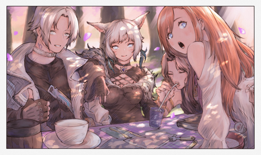 2boys 2girls absurdres animal_ears bowl brown_hair cat_ears cup drinking_straw final_fantasy final_fantasy_xiv fingerless_gloves gloves gusty10rk highres jacket long_hair looking_at_viewer multiple_boys multiple_girls open_mouth ryne short_hair silver_hair sitting smile table thancred_waters thumbs_up urianger_augurelt white_jacket y'shtola_rhul