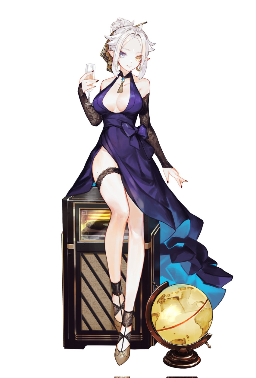 1girl bare_shoulders blue_dress breasts breasts_apart champagne_flute character_request cleavage_cutout clothing_cutout copyright_request cup detached_sleeves dress drinking_glass globe grey_eyes hair_bun heterochromia highres legs long_dress looking_at_viewer nail_polish phonograph side_slit sitting sitting_on_object smile softmode solo thighs white_background yellow_eyes