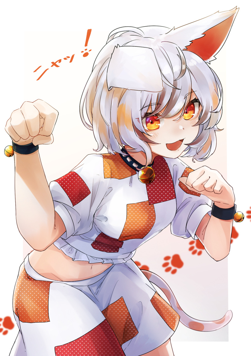 1girl animal_ears bangs bell calico cat_ears cat_girl cat_tail crop_top eyebrows_visible_through_hair gesture goutokuji_mike gunsou1350 highres jingle_bell looking_at_viewer maneki-neko midriff multicolored multicolored_clothes multicolored_hair multicolored_shorts navel neck_bell open_mouth orange_eyes patches paw_pose paw_print paw_print_background short_hair shorts simple_background streaked_hair tail touhou translation_request white_hair