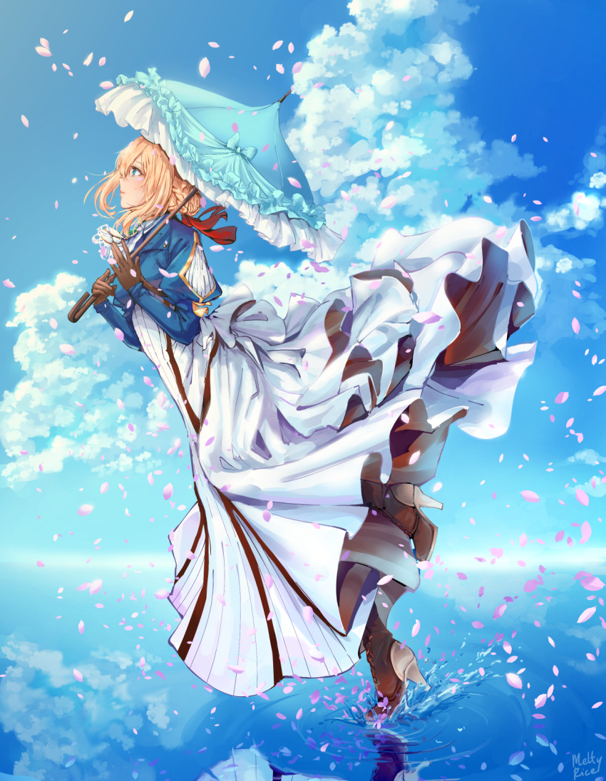 1girl afloat bangs blonde_hair blue_eyes blue_jacket blue_sky boots braid braided_bun brooch brown_gloves cherry_blossoms clouds cloudy_sky commentary_request day eyebrows_visible_through_hair falling_petals from_side gloves hair_between_eyes hair_intakes hair_ribbon high_heel_boots high_heels highres holding holding_umbrella horizon jacket jewelry long_hair long_skirt long_sleeves looking_away looking_up meltyrice ocean parasol petals red_ribbon reflection ribbon sidelocks skirt sky solo splashing standing standing_on_one_leg umbrella violet_evergarden violet_evergarden_(series) water white_neckwear white_skirt wind